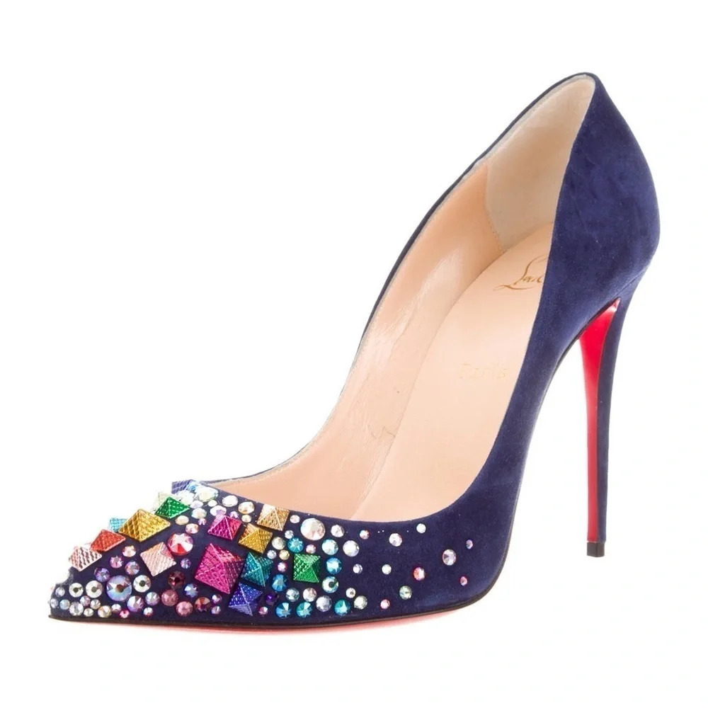 Christian Louboutin Keopump 100 Veau Velours China Blue Studded Heels